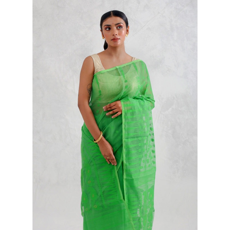 Parrot Green And Pink Cotton Jamdani Woven Saree Without Blouse Piece - JD986596841
