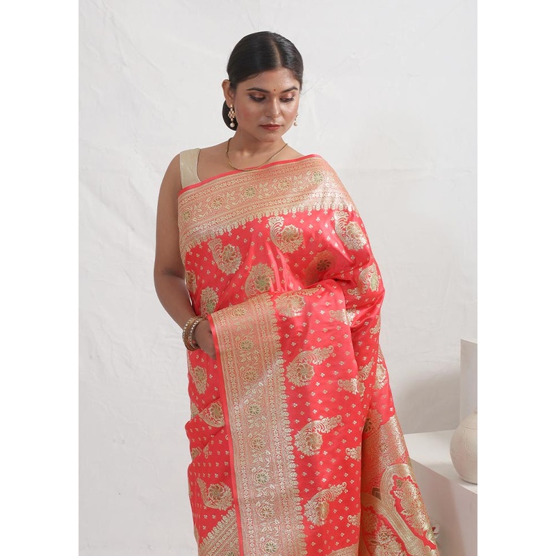 Pink Banarasi Silk Saree With Blouse Piece - JD986596864