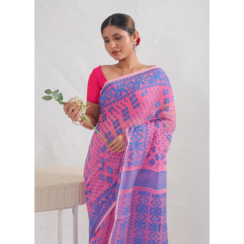 Pink Tant Jamdani Saree Without Blouse Piece - JD986596868
