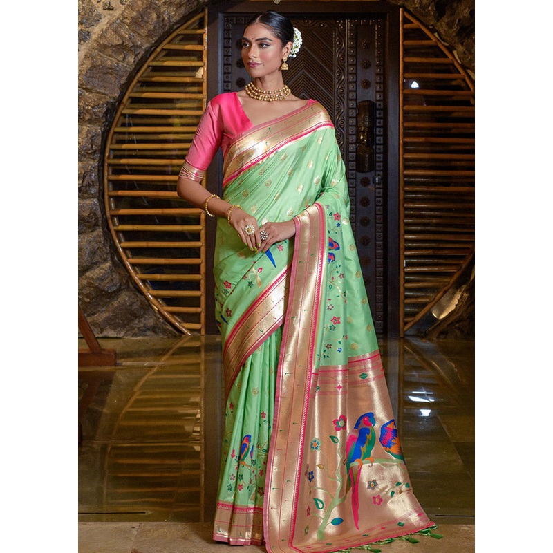 Pista Green Spun Silk Saree With Blouse Piece - JD986596709