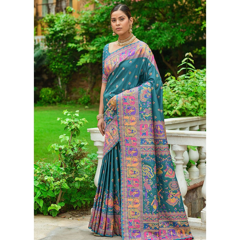 Rama Spun Silk Saree With Blouse Piece - JD986596727