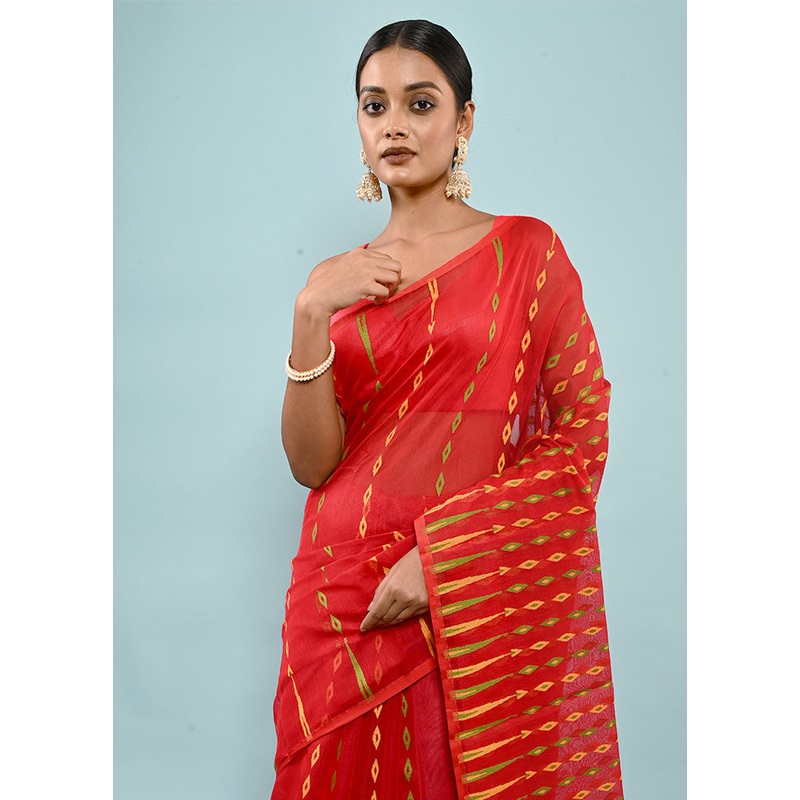 Red And Cotton Jamdani Woven Saree Without Blouse Piece - JD986596842