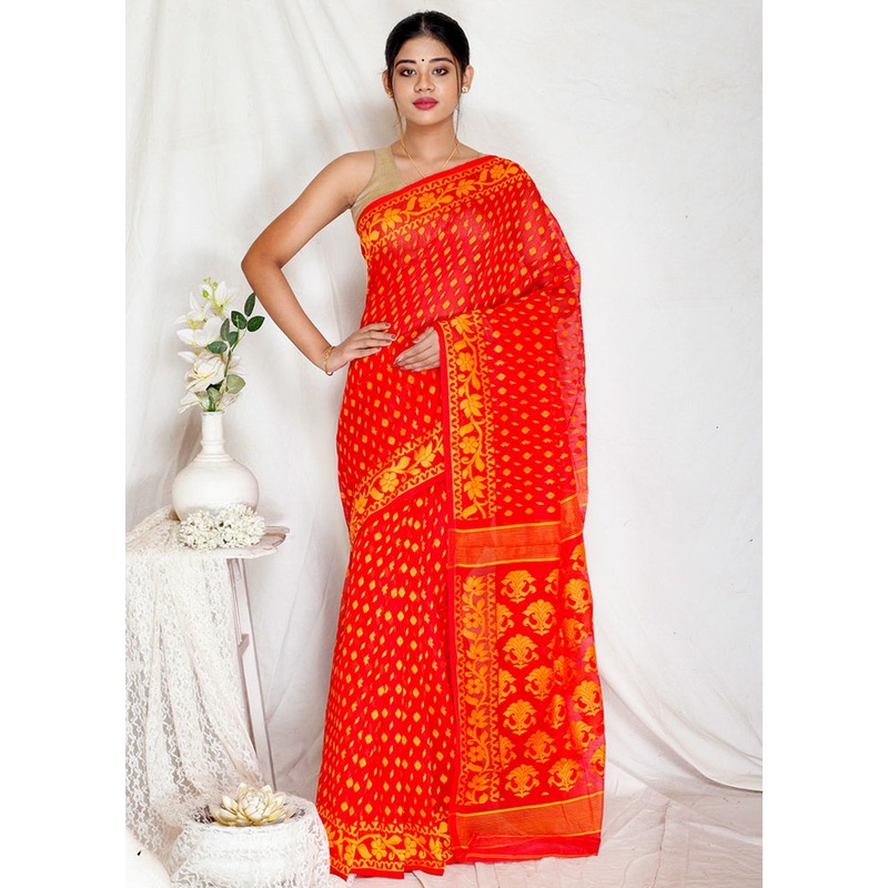 Red Cotton Jamdani Woven Saree Without Blouse Piece - JD986596837