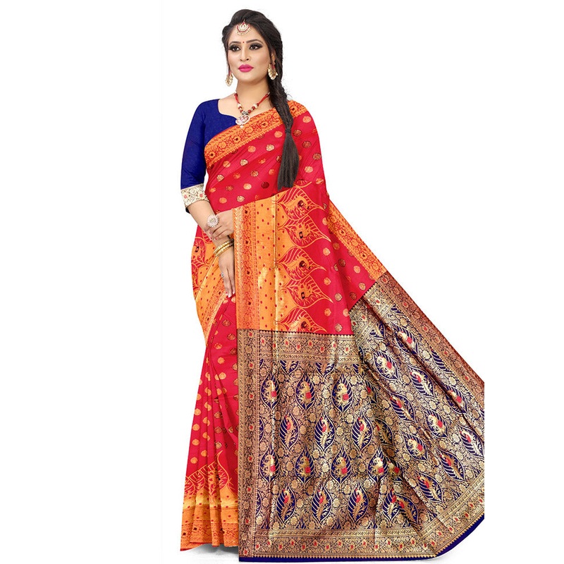 Red Spun Silk Saree With Blouse Piece - JD986596703
