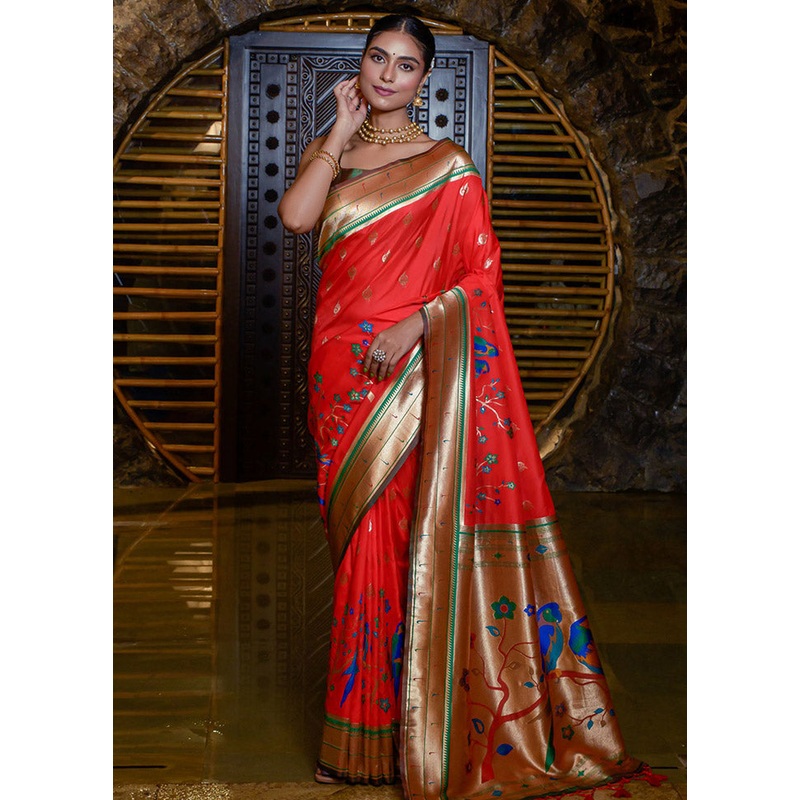Red Spun Silk Saree With Blouse Piece - JD986596715