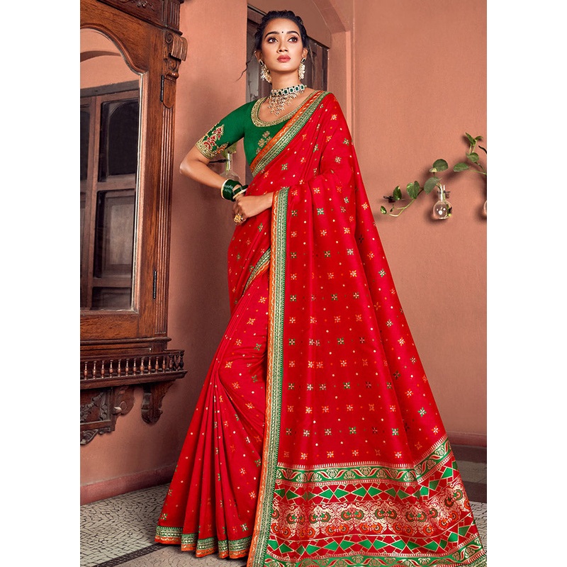 Red Spun Silk Saree With Blouse Piece - JD986596806