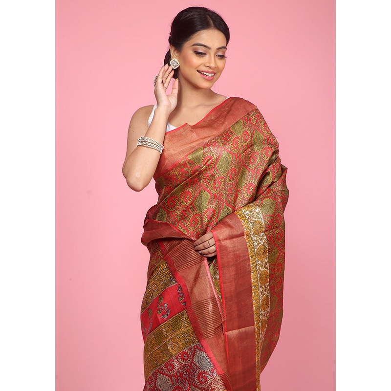 Red Tussar Silk Saree With Blouse Piece - JD986596878