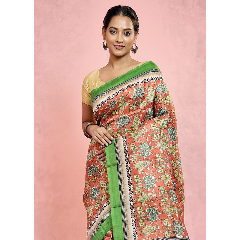Rust Printed Pure Silk Saree Without Blouse Piece - JD986596853