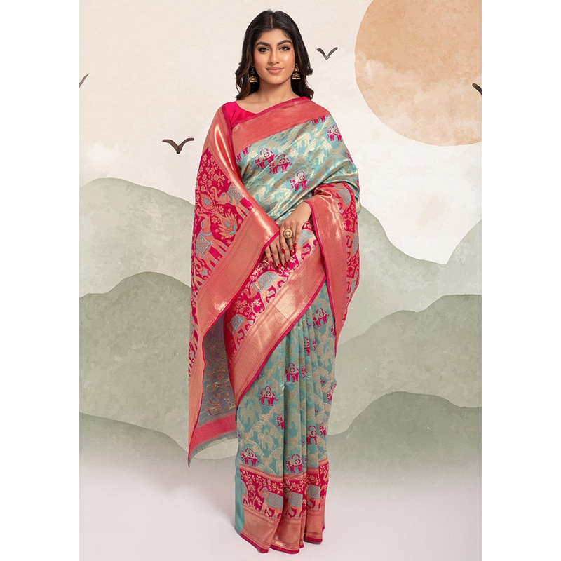 Sky Blue Spun Silk Saree With Blouse Piece - JD986596673