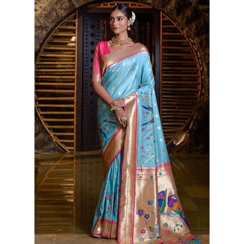 Sky Blue Spun Silk Saree With Blouse Piece - JD986596713