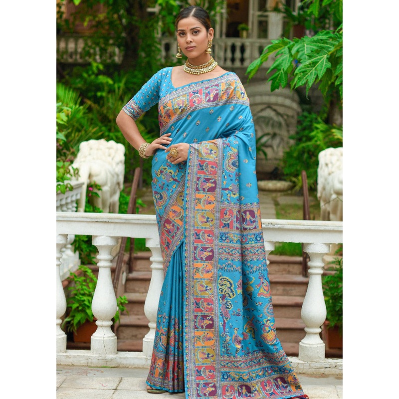 Sky Blue Spun Silk Saree With Blouse Piece - JD986596736