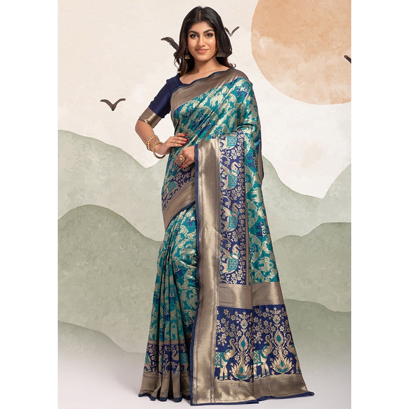Teal Spun Silk Saree With Blouse Piece - JD986596672