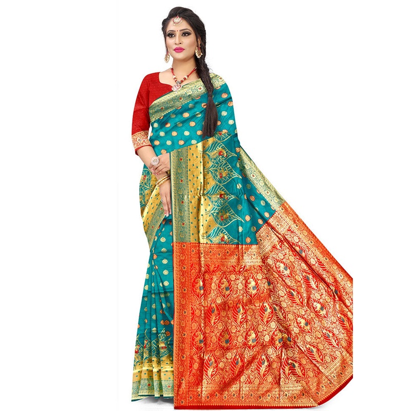 Teal Spun Silk Saree With Blouse Piece - JD986596706