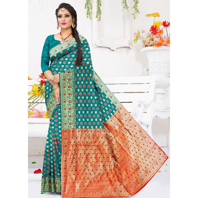 Teal Spun Silk Zari Woven Saree With Blouse Piece - JD986596683
