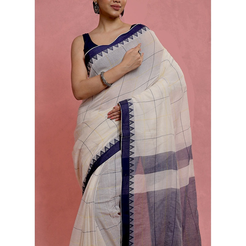 White Cotton Saree With Blouse Piece - JD986596857
