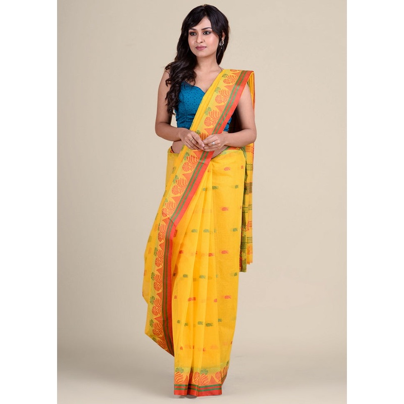 Yellow Cotton Tant Jamdani Saree Without Blouse Piece - JD986596835