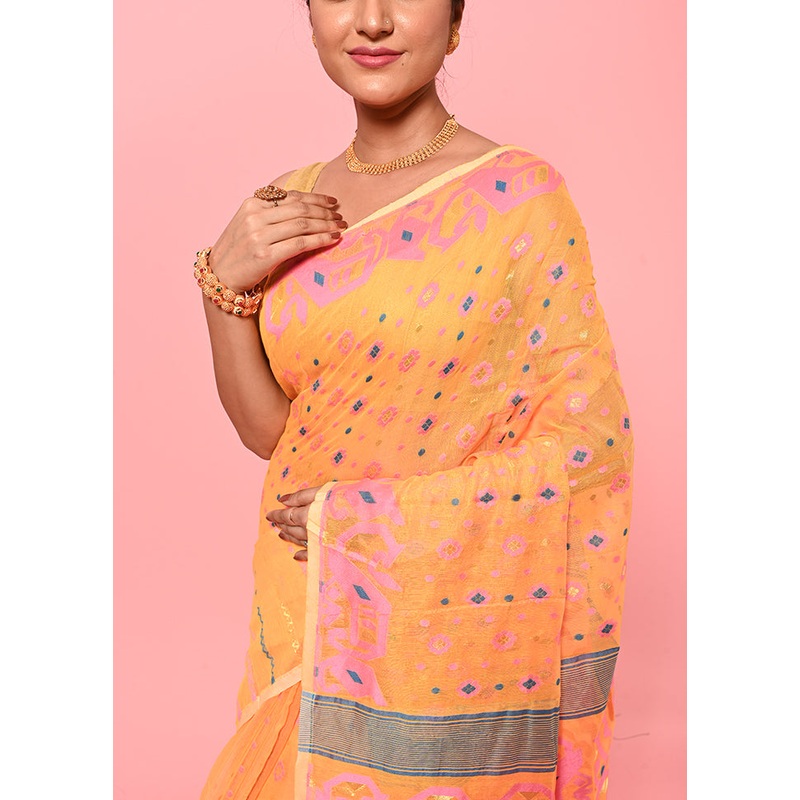 Yellow Tant Jamdani Saree Without Blouse Piece - JD986596863