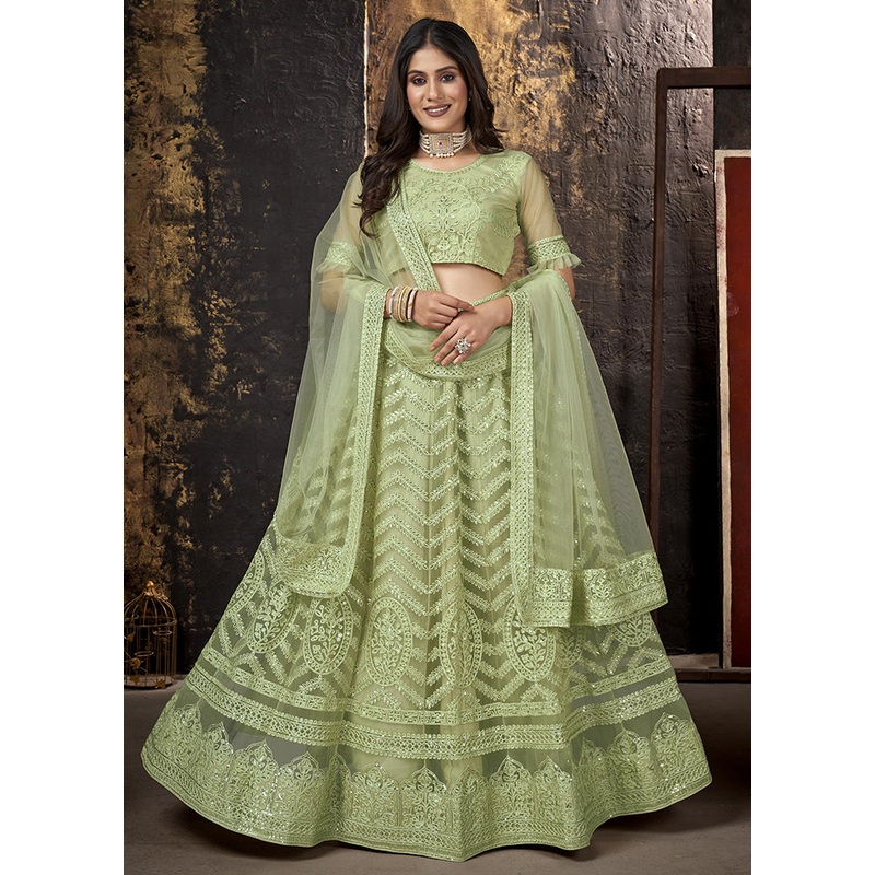 3 Pc Green Semi Stitched Net Lehenga Set - JD986596658