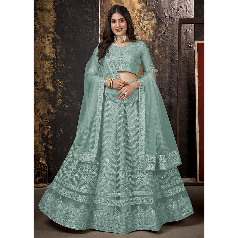 3 Pc Grey Semi Stitched Net Lehenga Set - JD986596659