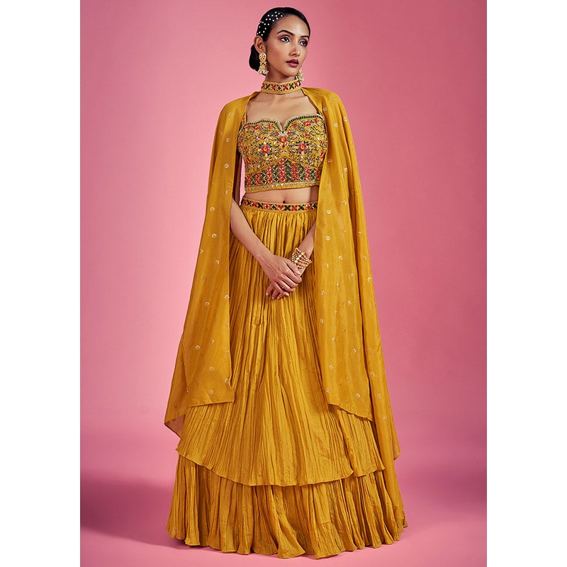 3 Pc Mustard Readymade Chinon Lehenga Set - JD986596661