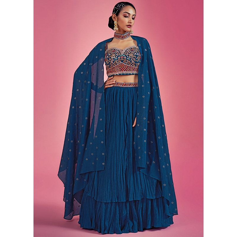 3 Pc Navy Blue Readymade Chinon Lehenga Set - JD986596663