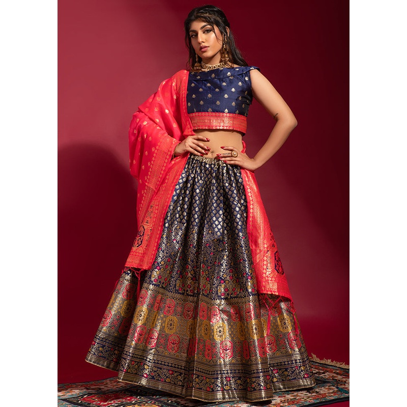 3 Pc Navy Blue Semi Stitched Woven Lehenga - JD986596643