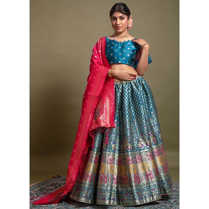 3 Pc Ocean Blue Semi Stitched Woven Lehenga - JD986596645