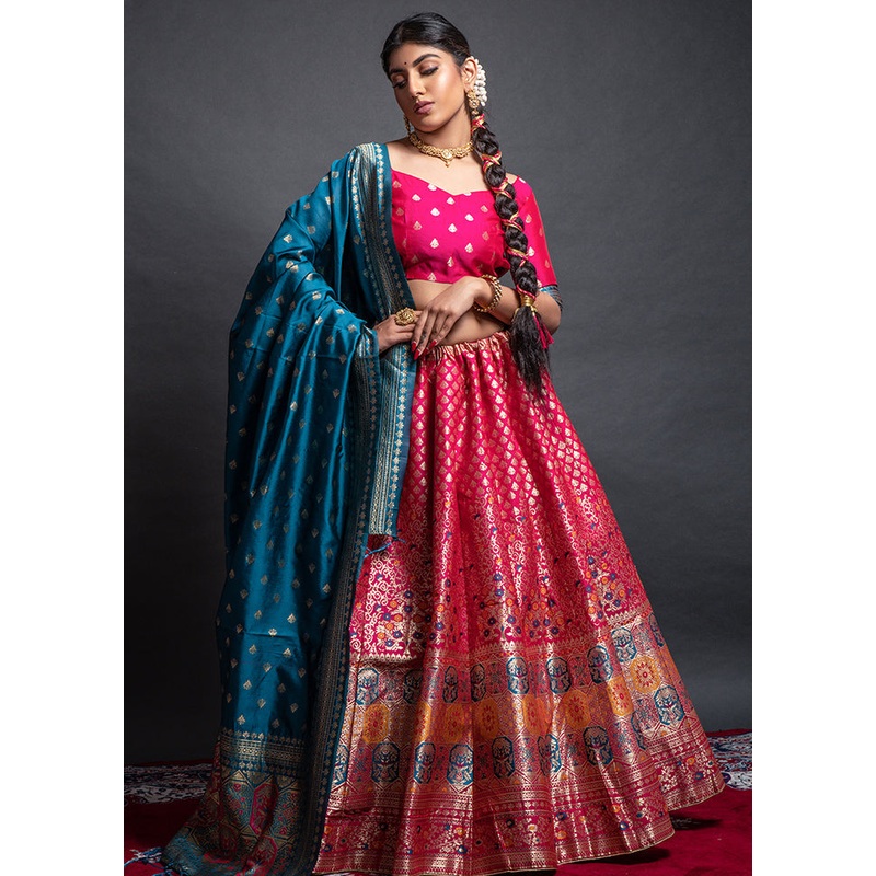 3 Pc Rani Pink Semi Stitched Woven Lehenga - JD986596646