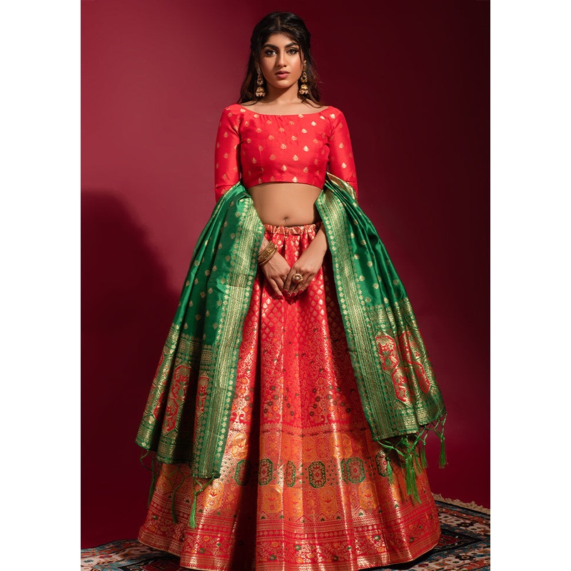 3 Pc Red Semi Stitched Woven Lehenga - JD986596644