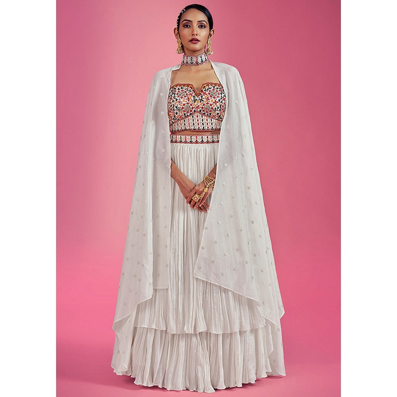 3 Pc White Readymade Chinon Lehenga Set - JD986596662
