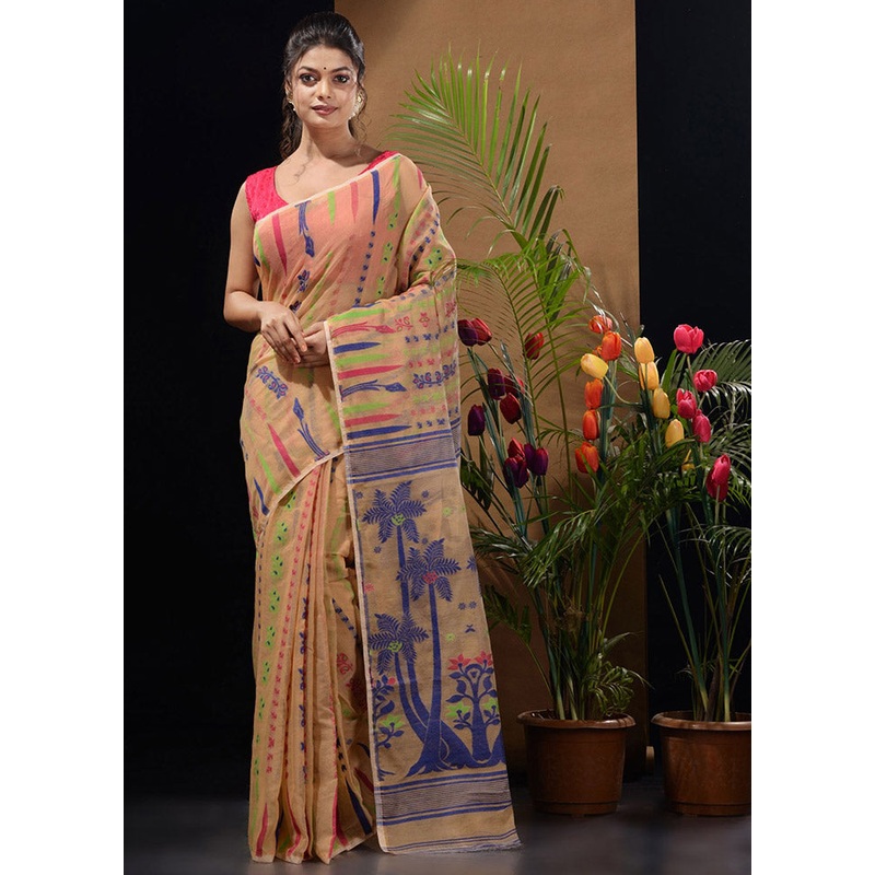 Beige Tant Jamdani Saree Without Blouse Piece - JD986596518