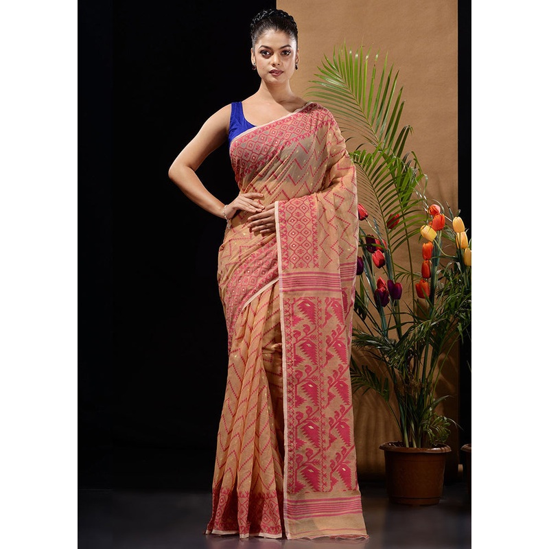 Beige Tant Jamdani Saree Without Blouse Piece - JD986596529