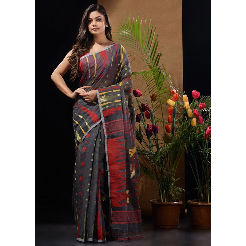 Black Tant Jamdani Saree Without Blouse Piece - JD986596499