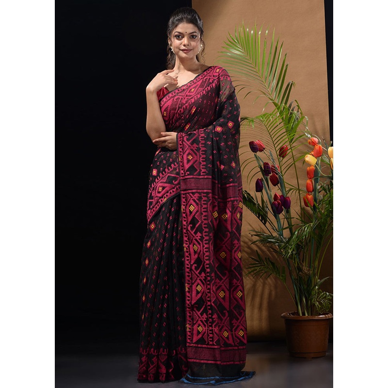 Black Tant Jamdani Saree Without Blouse Piece - JD986596511