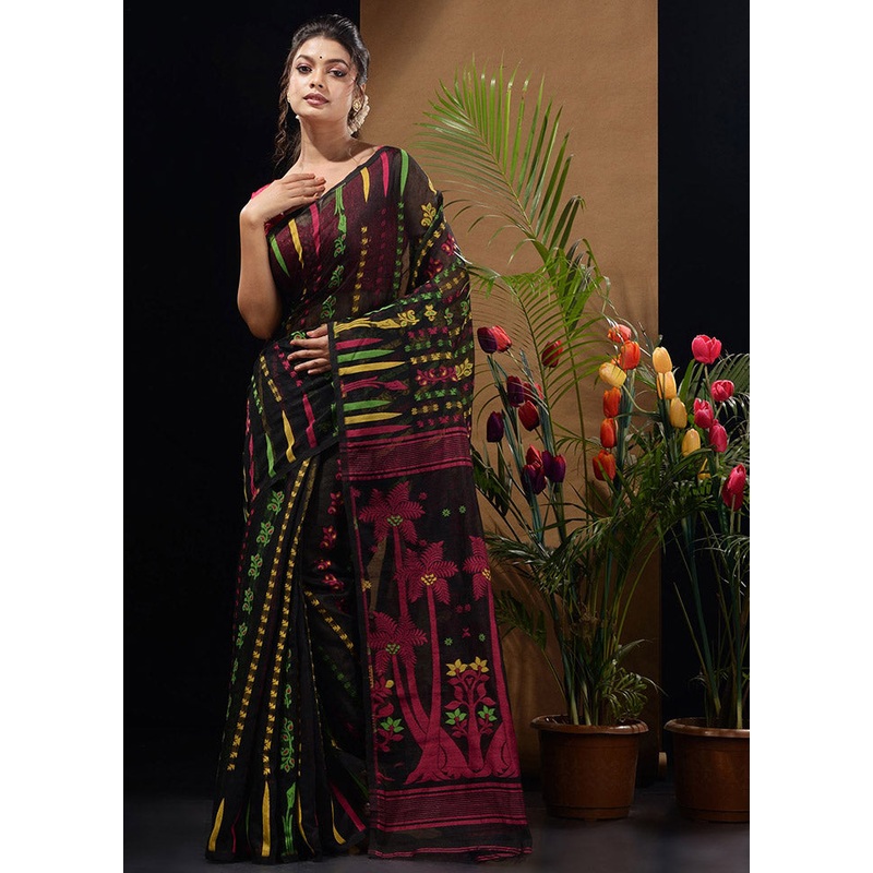Black Tant Jamdani Saree Without Blouse Piece - JD986596520