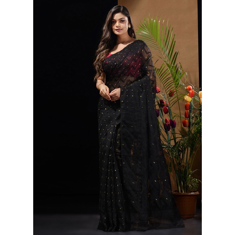 Black Tant Jamdani Saree Without Blouse Piece - JD986596525