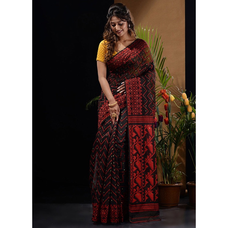 Black Tant Jamdani Saree Without Blouse Piece - JD986596530