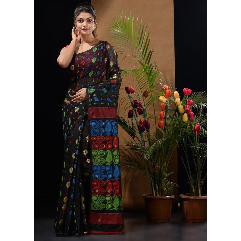 Black Tant Jamdani Saree Without Blouse Piece - JD986596550