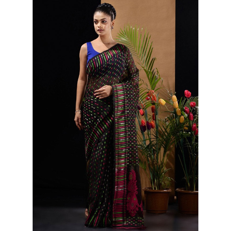 Black Tant Jamdani Saree Without Blouse Piece - JD986596562