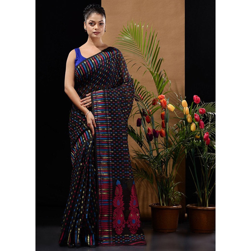Black Tant Jamdani Saree Without Blouse Piece - JD986596563