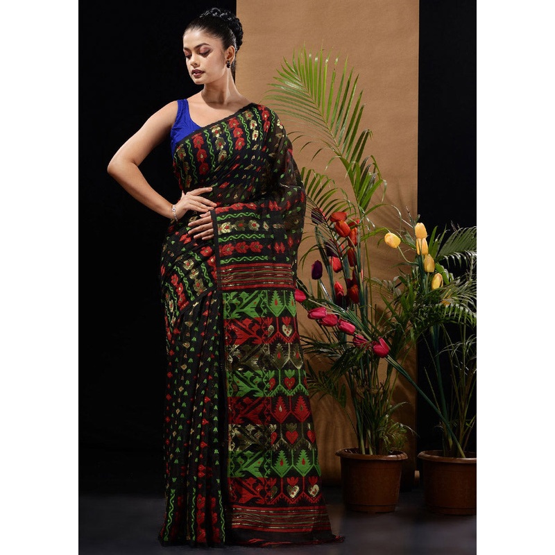 Black Tant Jamdani Saree Without Blouse Piece - JD986596578