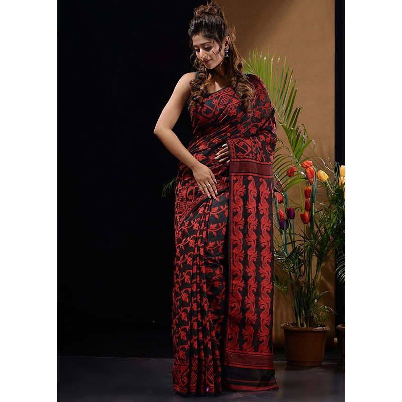 Black Tant Jamdani Saree Without Blouse Piece - JD986596581