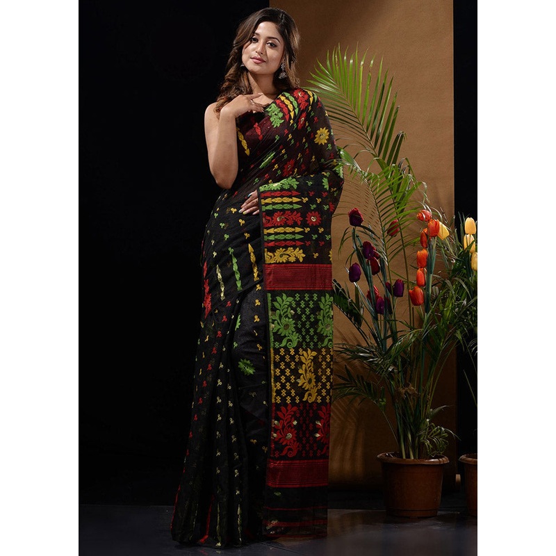 Black Tant Jamdani Saree Without Blouse Piece - JD986596588