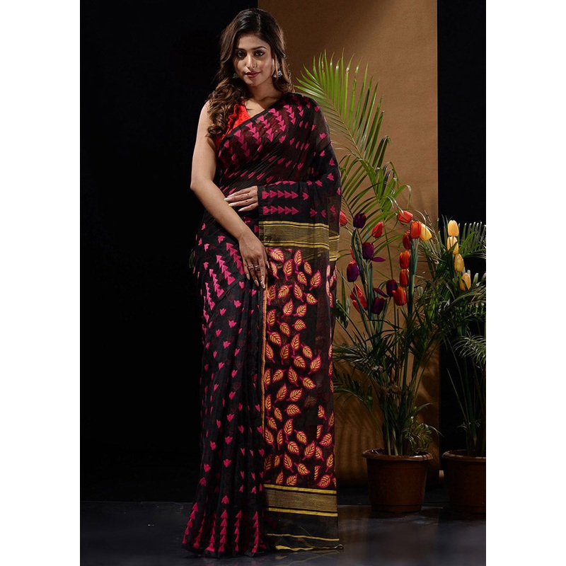 Black Tant Jamdani Saree Without Blouse Piece - JD986596597