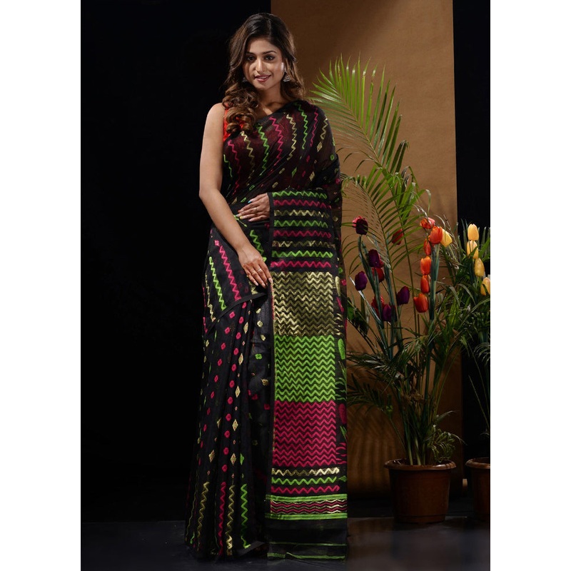 Black Tant Jamdani Saree Without Blouse Piece - JD986596604