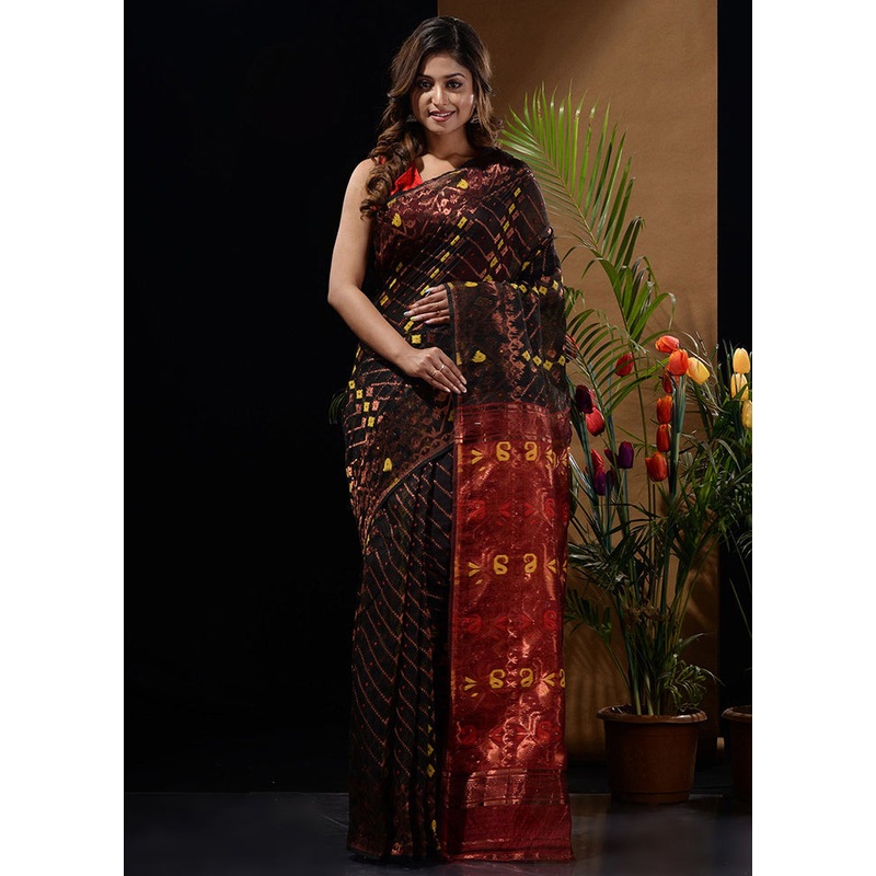 Black Tant Jamdani Saree Without Blouse Piece - JD986596614