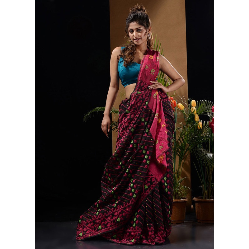Black Tant Jamdani Saree Without Blouse Piece - JD986596615