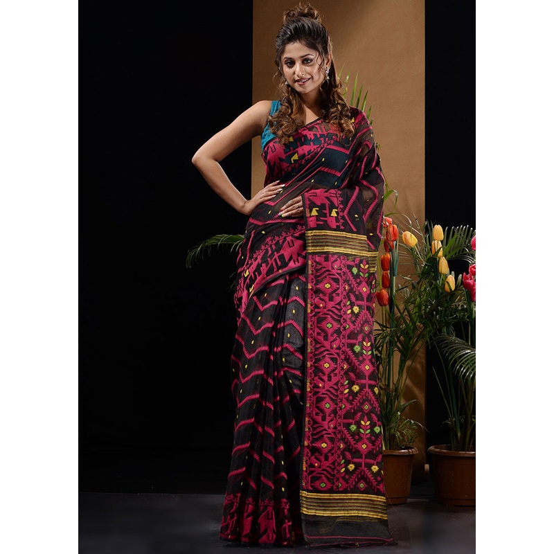 Black Tant Jamdani Saree Without Blouse Piece - JD986596623