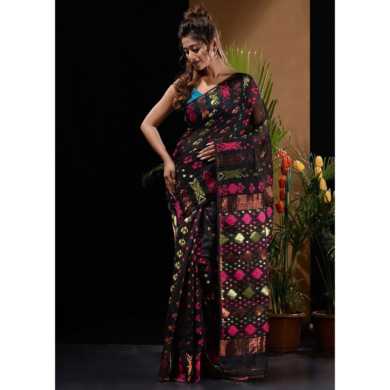 Black Tant Jamdani Saree Without Blouse Piece - JD986596629