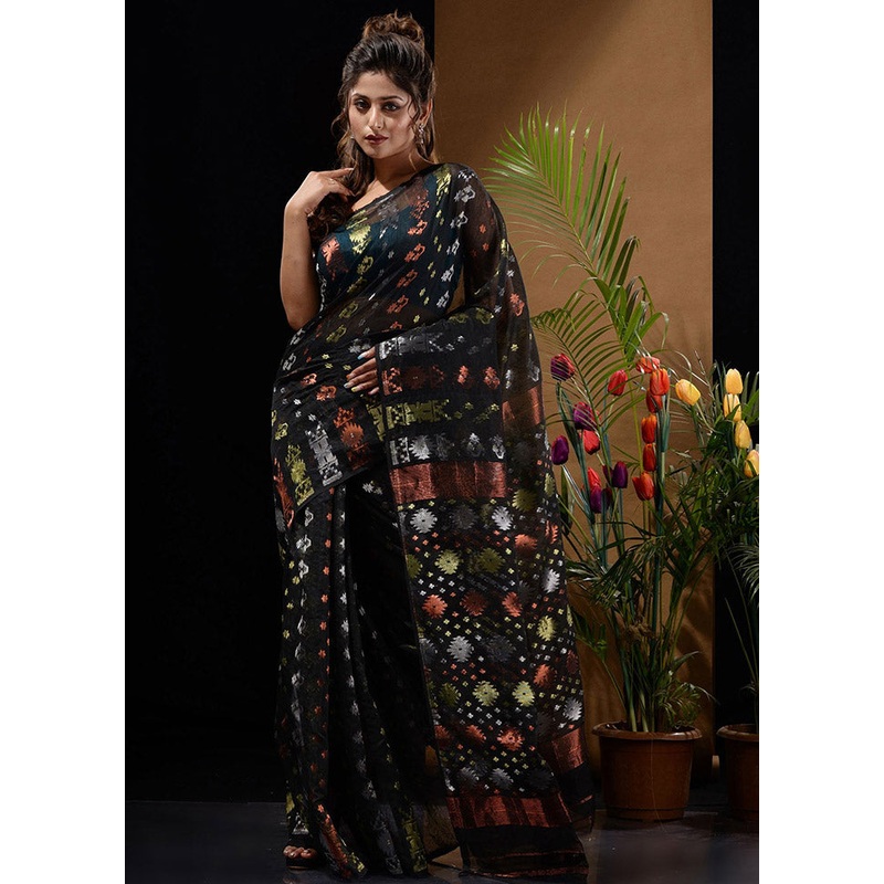 Black Tant Jamdani Saree Without Blouse Piece - JD986596630